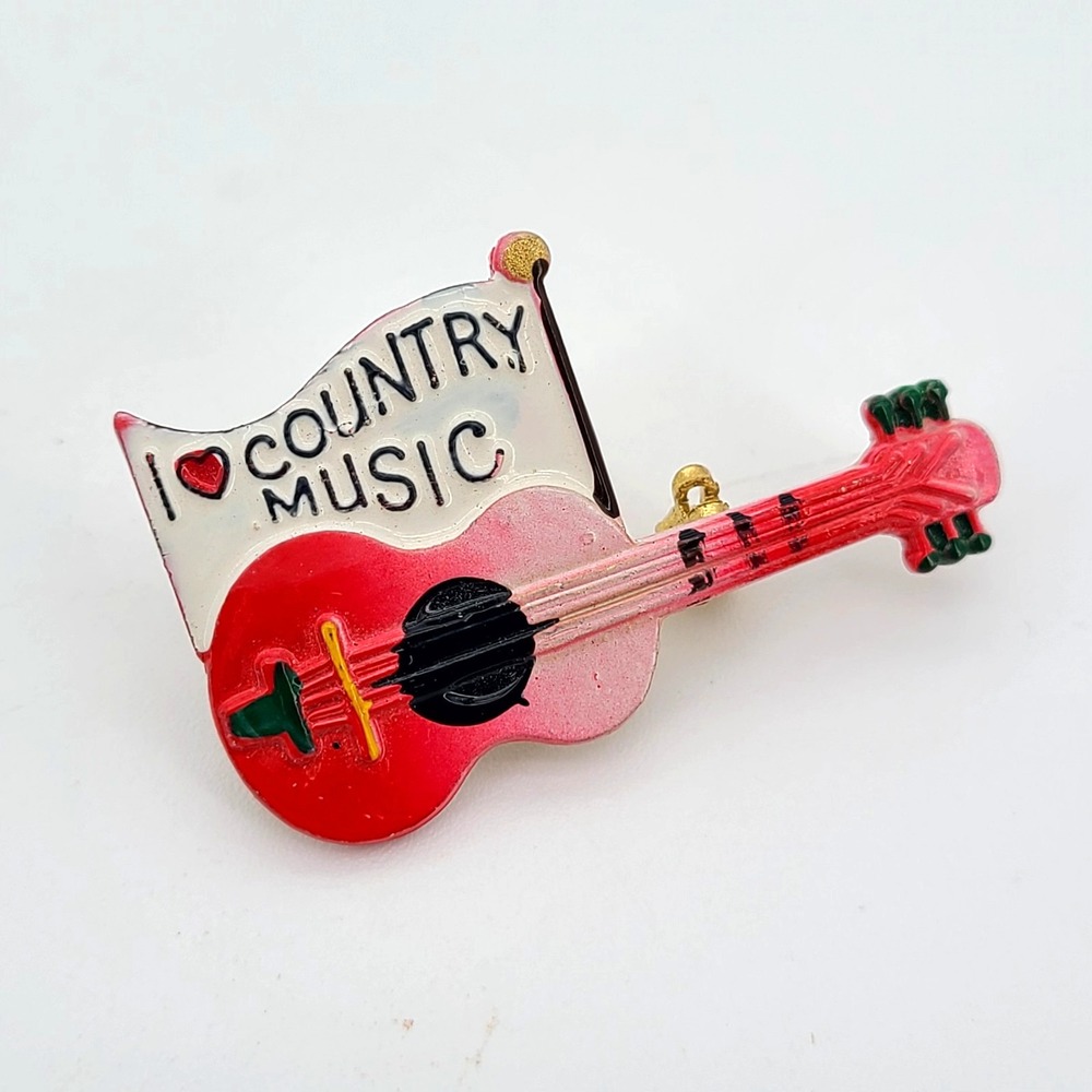 Vintage Red Pink Guitar "I LOVE COUNTRY MUSIC" Scatter Pin Brooch